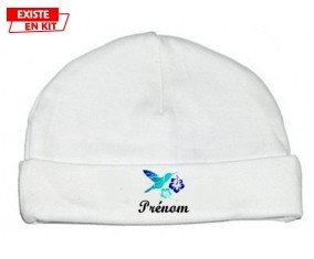 Oiseau et fleur (garçon) + prénom : Bonnet bébé