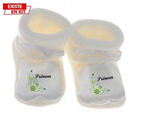 Fleur verte + prénom: Chausson bébé-su7.fr