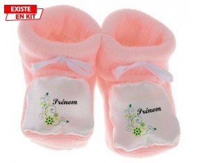 Fleur verte + prénom: Chausson bébé-su7.fr