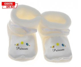 Oiseau et soleil + prénom: Chausson bébé-su7.fr