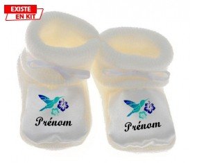 Oiseau et fleur (garçon) + prénom: Chausson bébé-su7.fr