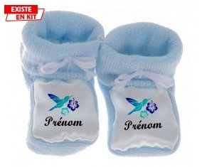 Oiseau et fleur (garçon) + prénom: Chausson bébé-su7.fr