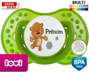 Ourson joyeux + prénom : Sucette LOVI Dynamic personnalisée