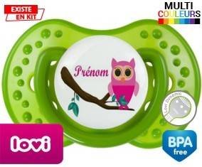 Hibou rose + prénom : Sucette LOVI Dynamic personnalisée