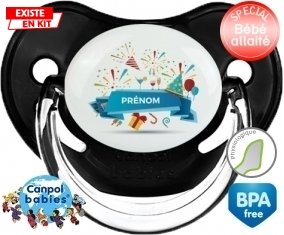 Joyeux anniversaire style 1 + prénom : Sucette Noir classique embout physiologique