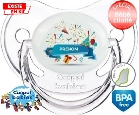 Joyeux anniversaire style 1 + prénom : Sucette Transparent classique embout physiologique