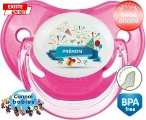 Joyeux anniversaire style 1 + prénom : Sucette Rose classique embout physiologique