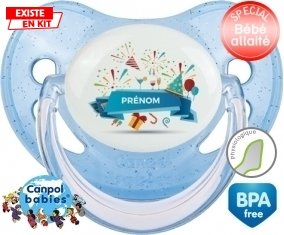 Joyeux anniversaire style 1 + prénom : Sucette Bleue à paillette embout physiologique