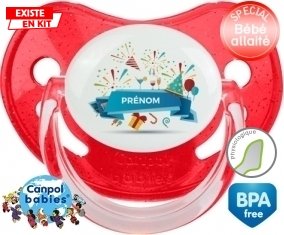 Joyeux anniversaire style 1 + prénom : Sucette Rouge à paillette embout physiologique