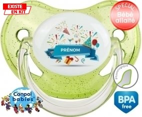 Joyeux anniversaire style 1 + prénom : Sucette Vert à paillette embout physiologique