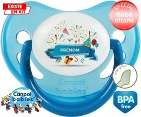 Joyeux anniversaire style 1 + prénom : Sucette Bleue phosphorescente embout physiologique