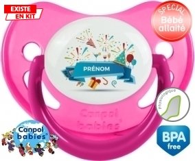 Joyeux anniversaire style 1 + prénom : Sucette Rose phosphorescente embout physiologique