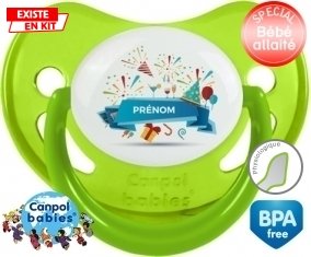 Joyeux anniversaire style 1 + prénom : Sucette Vert phosphorescente embout physiologique