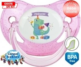 Joyeux anniversaire style 2 + prénom : Sucette Rose à paillette embout physiologique