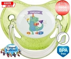 Joyeux anniversaire style 2 + prénom : Sucette Vert à paillette embout physiologique