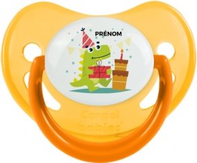 Joyeux anniversaire style 3 + prénom : Sucette Jaune phosphorescente embout physiologique