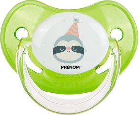 Paresseux anniversaire + prénom : Sucette Vert classique embout physiologique