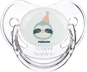 Paresseux anniversaire + prénom : Sucette Transparent classique embout physiologique