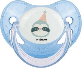 Paresseux anniversaire + prénom : Sucette Bleue à paillette embout physiologique
