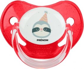 Paresseux anniversaire + prénom : Sucette Rouge à paillette embout physiologique