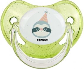 Paresseux anniversaire + prénom : Sucette Vert à paillette embout physiologique