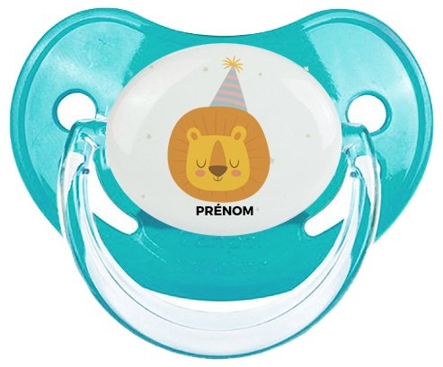 Lion anniversaire + prénom : Sucette Bleue classique embout physiologique