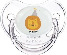 Lion anniversaire + prénom : Sucette Transparent classique embout physiologique