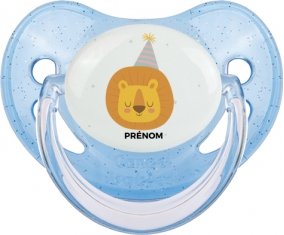 Lion anniversaire + prénom : Sucette Bleue à paillette embout physiologique