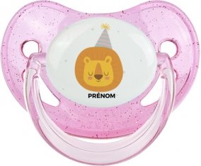 Lion anniversaire + prénom : Sucette Rose à paillette embout physiologique