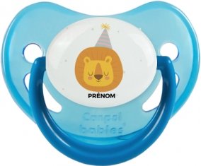 Lion anniversaire + prénom : Sucette Bleue phosphorescente embout physiologique