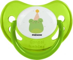 Grenouille anniversaire + prénom : Sucette Vert phosphorescente embout physiologique