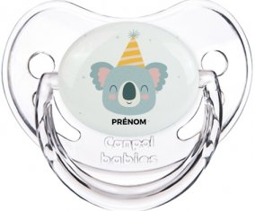 Koala anniversaire + prénom : Sucette Transparent classique embout physiologique