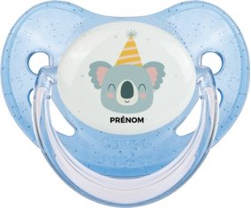 Koala anniversaire + prénom : Sucette Bleue à paillette embout physiologique