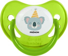 Koala anniversaire + prénom : Sucette Vert phosphorescente embout physiologique
