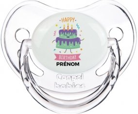 Gâteau anniversaire + prénom : Sucette Transparent classique embout physiologique