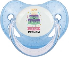 Gâteau anniversaire + prénom : Sucette Bleue à paillette embout physiologique