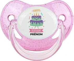 Gâteau anniversaire + prénom : Sucette Rose à paillette embout physiologique