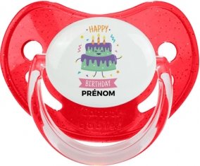Gâteau anniversaire + prénom : Sucette Rouge à paillette embout physiologique