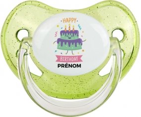 Gâteau anniversaire + prénom : Sucette Vert à paillette embout physiologique