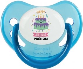 Gâteau anniversaire + prénom : Sucette Bleue phosphorescente embout physiologique