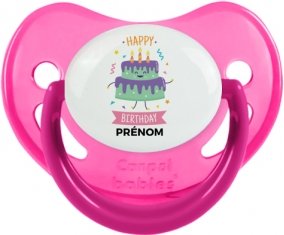 Gâteau anniversaire + prénom : Sucette Rose phosphorescente embout physiologique