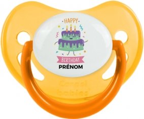 Gâteau anniversaire + prénom : Sucette Jaune phosphorescente embout physiologique