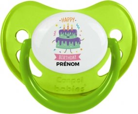 Gâteau anniversaire + prénom : Sucette Vert phosphorescente embout physiologique