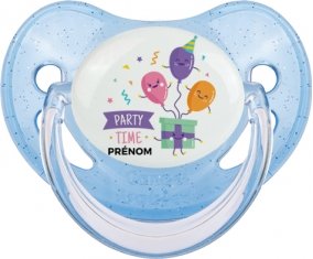 Party time anniversaire + prénom : Sucette Bleue à paillette embout physiologique