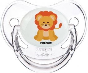 Lion style 3 + prénom : Sucette Transparent classique embout physiologique
