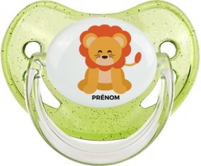 Lion style 3 + prénom : Sucette Vert à paillette embout physiologique