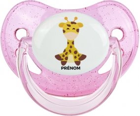 Girafe style 4 + prénom : Sucette Rose à paillette embout physiologique