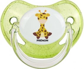 Girafe style 4 + prénom : Sucette Vert à paillette embout physiologique
