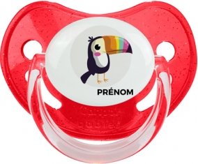Toucan + prénom : Sucette Rouge à paillette embout physiologique