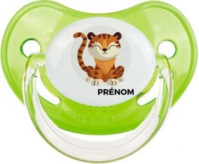 Tigre style 1 + prénom : Sucette Vert classique embout physiologique